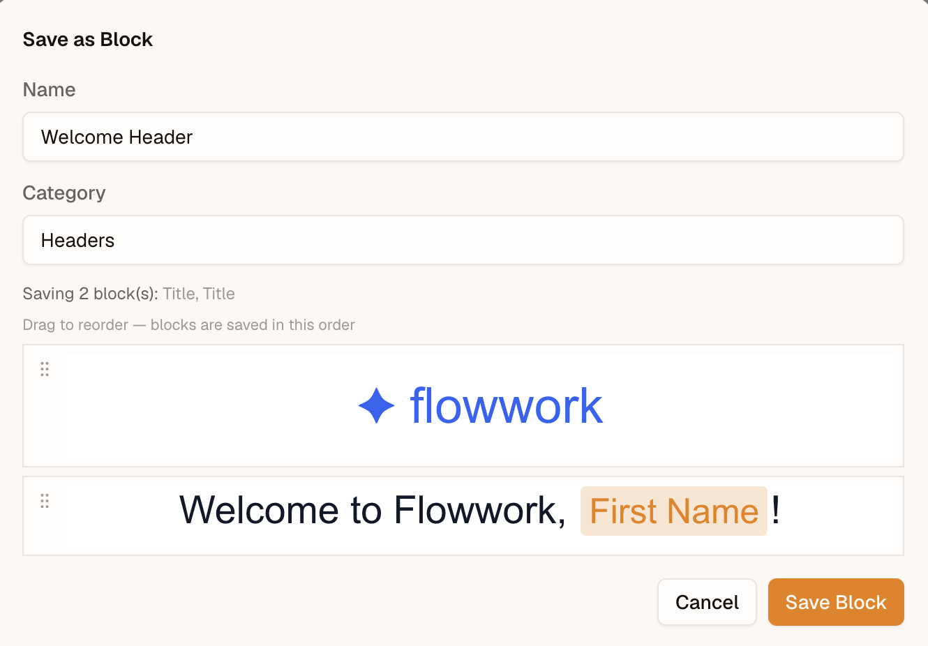 The Save as Block dialog — a name and a category field above a reorderable preview of the two picked blocks, each row with a grip handle